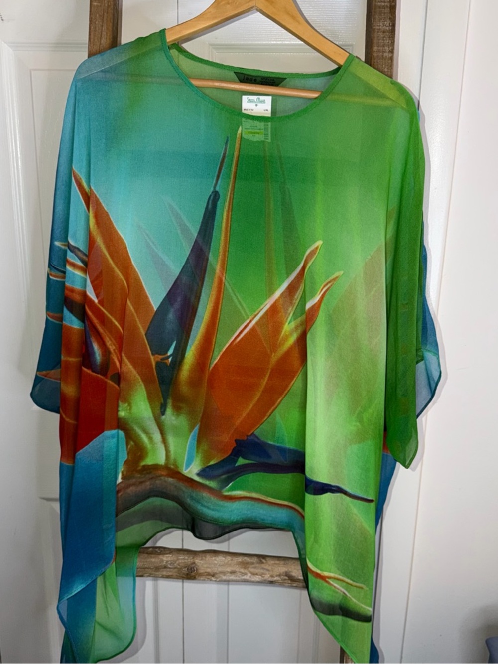 Jade Sheer Tropical Bird of Paradise Tunic - Green & Blue with Orange Accents
